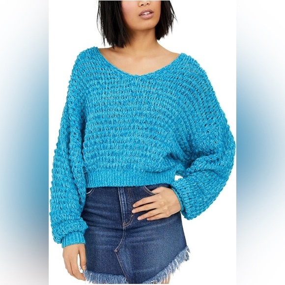 Free People Sweater Womens XS Blue Coconut Knit Chunky Y2K Boho Chic Flirty Soft - Picture 1 of 9